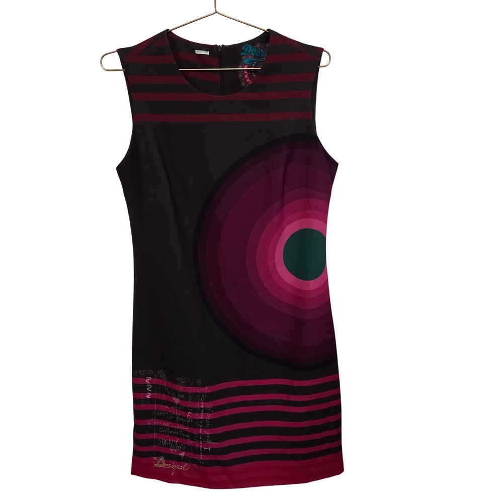 Desigual Womens‎ Sleeveless Shift Dress Black Pink Circle Stripe Script Size 40